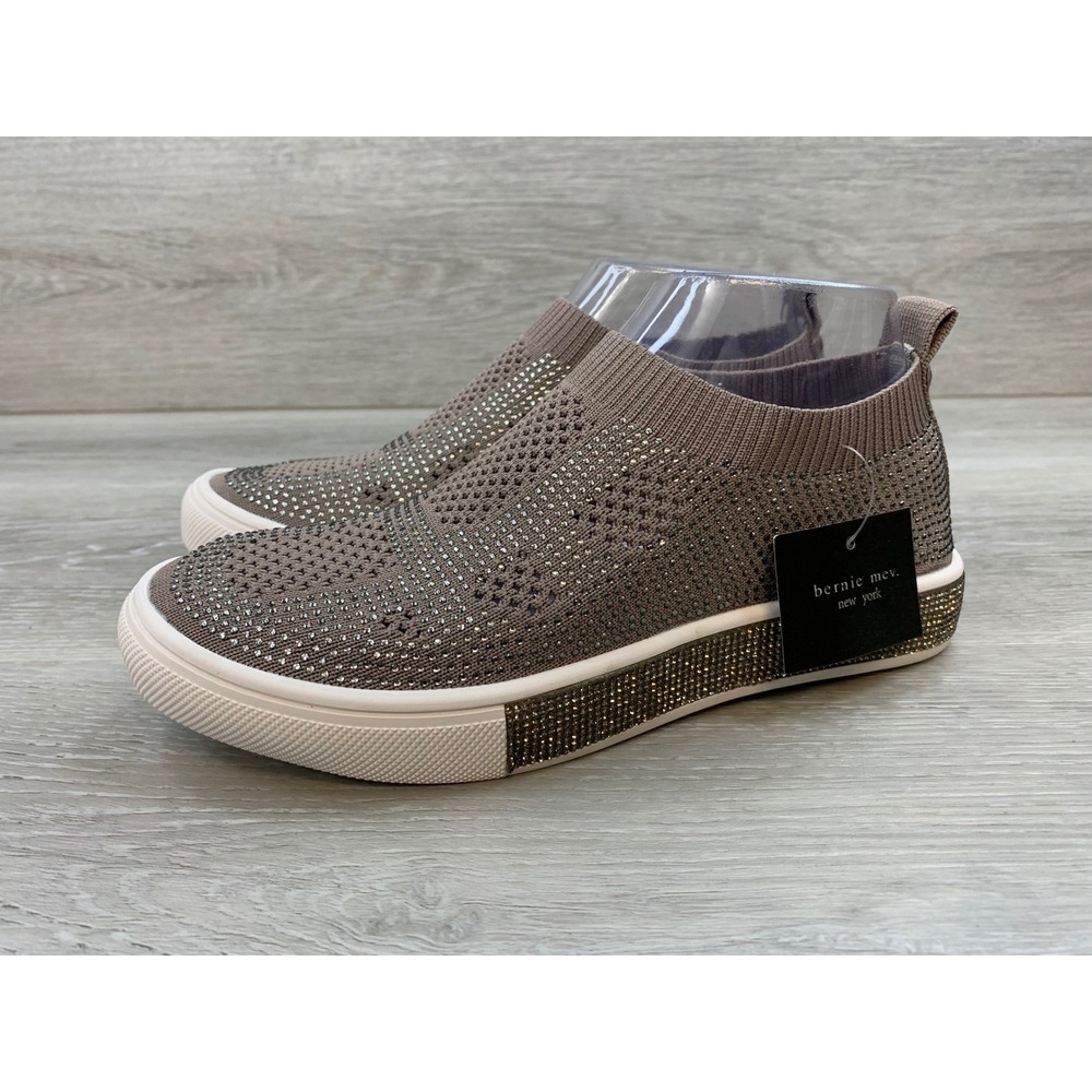 Bernie Mev Women's Sneakers Rhinestone Stretch Knit Slip On Taupe‎ 6.5 Shoes